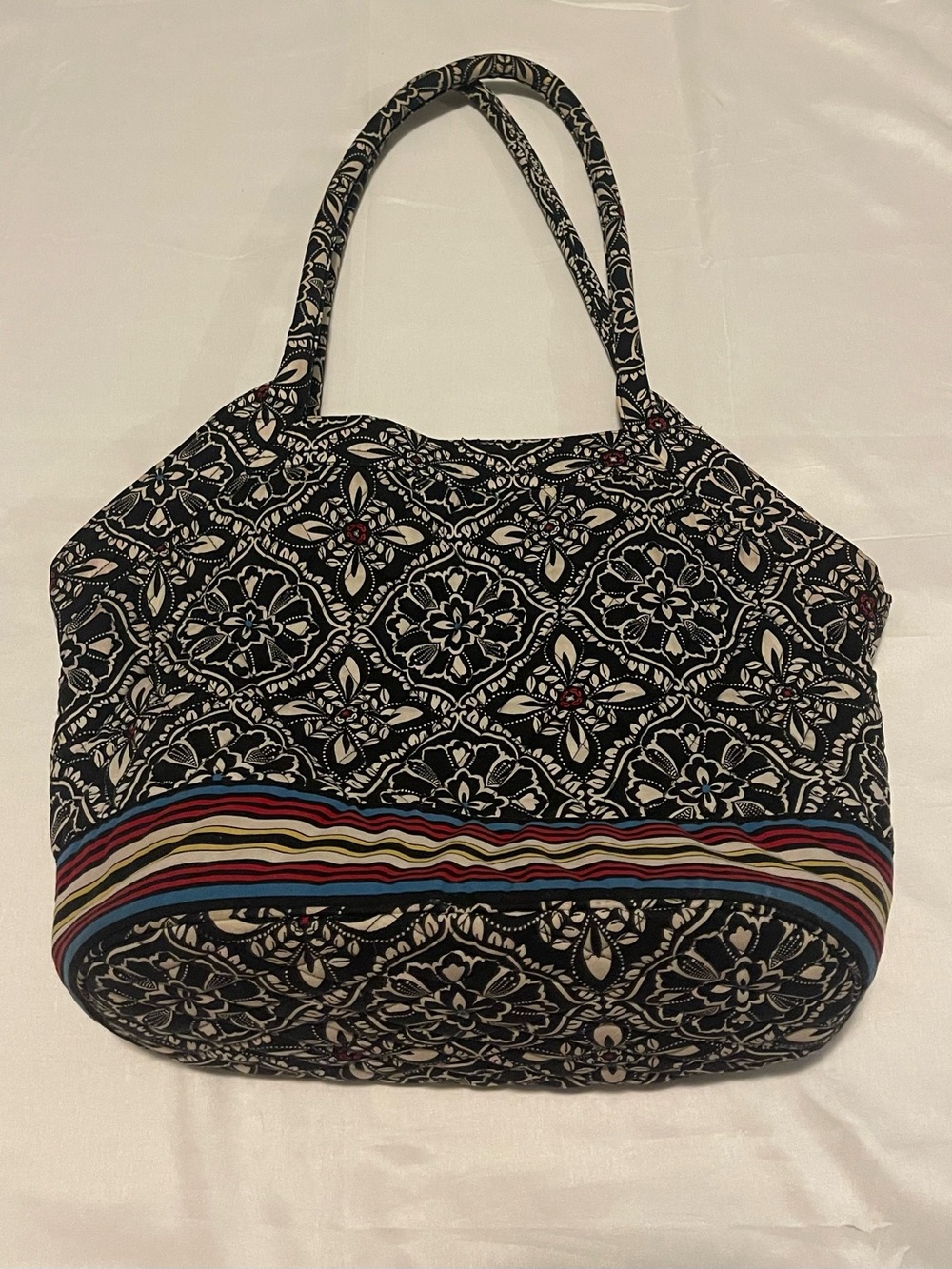 Vera Bradley Black and White Floral Tote with Multicolor Stripe Trim